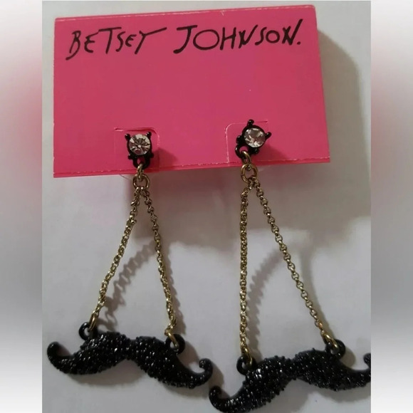 BETSEY JOHNSON RARE COLLECTIBLE Vintage Film Noir Mustache Drop Earrings NEW NWT - Picture 1 of 3